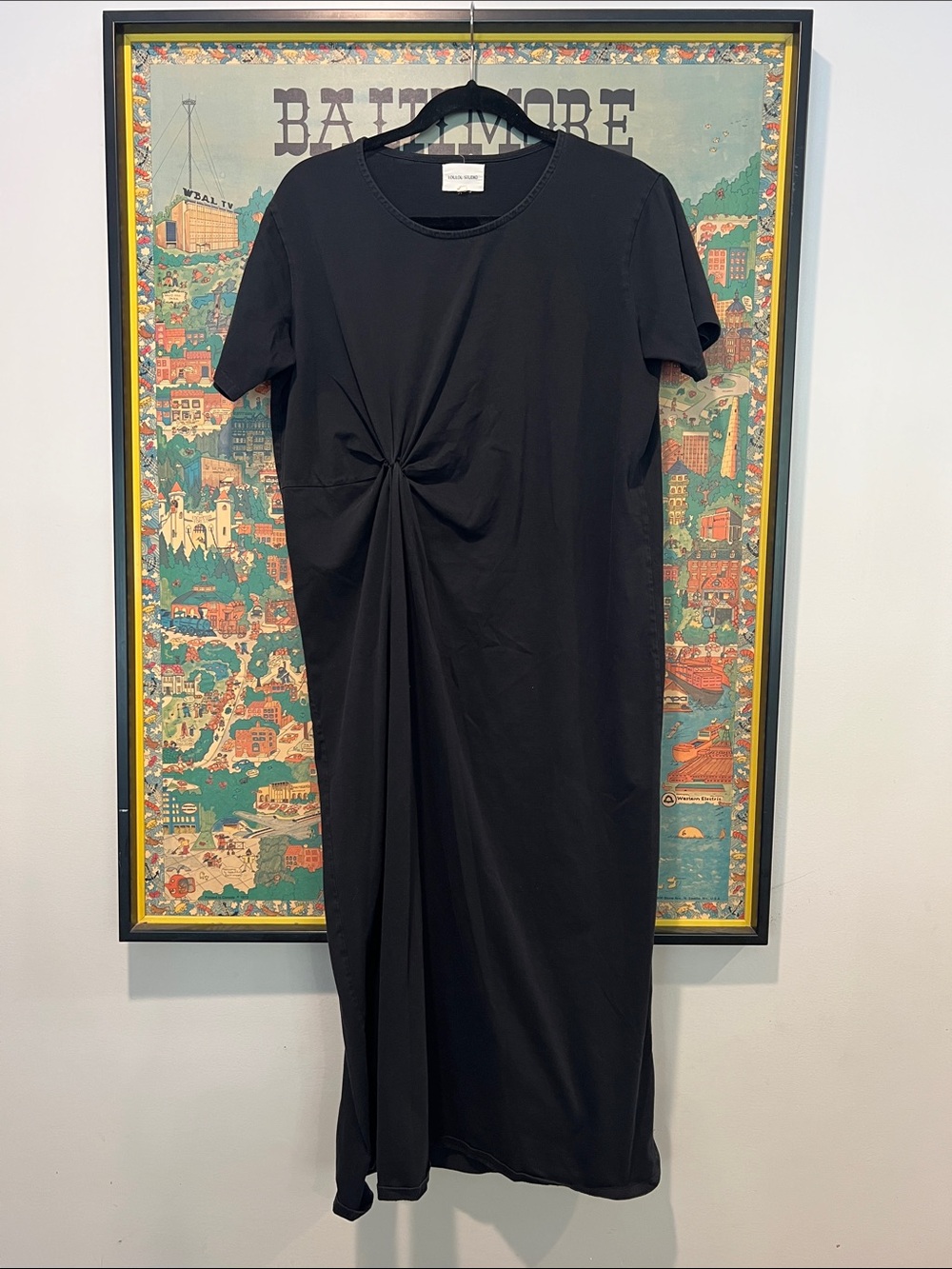 Loulou Studio 100% Cotton Black Twist-Front Midi Dress
